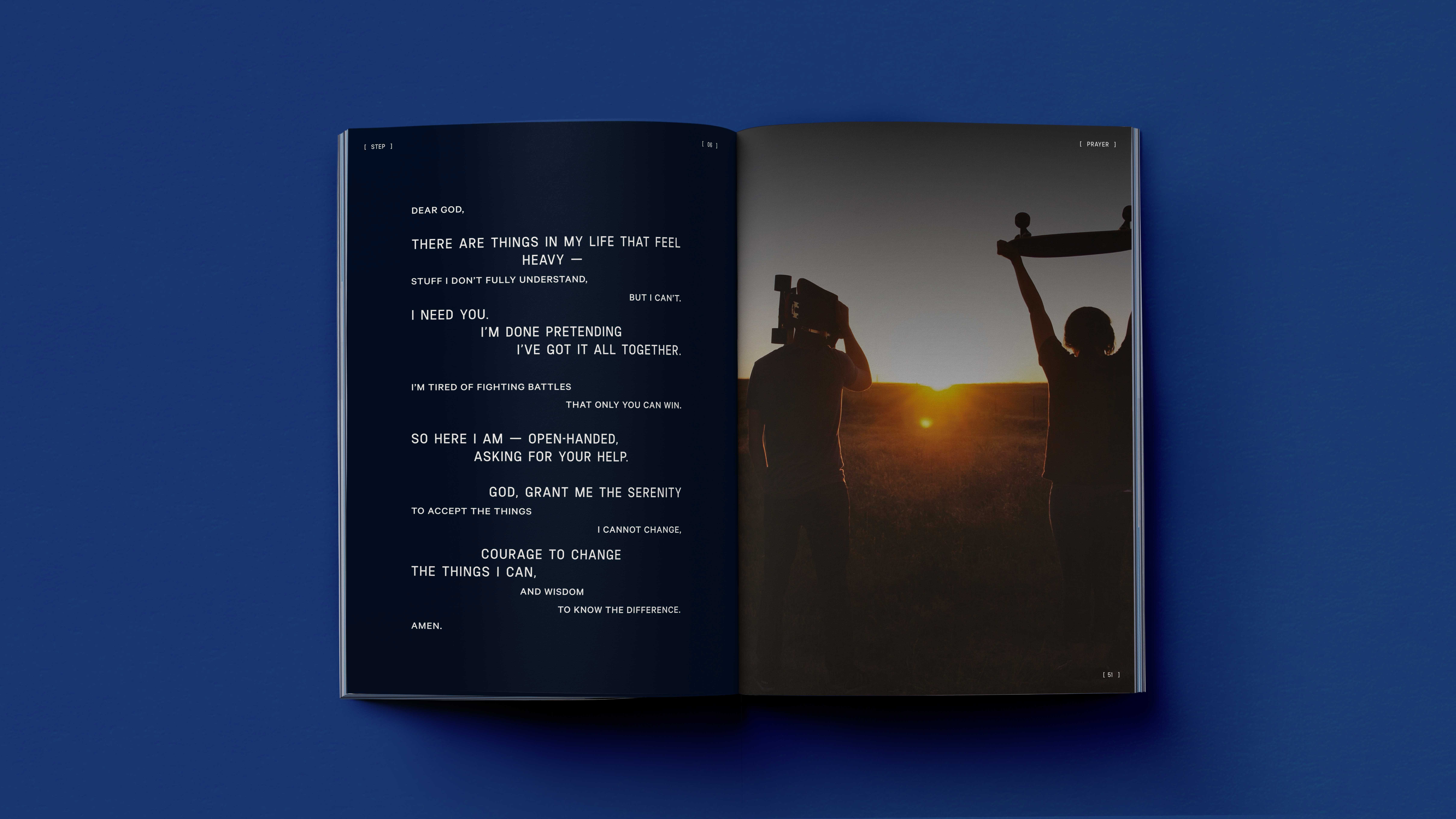 Open book showing a prayer on the left page and a silhouette of two people holding skateboards against a sunset on the right page.