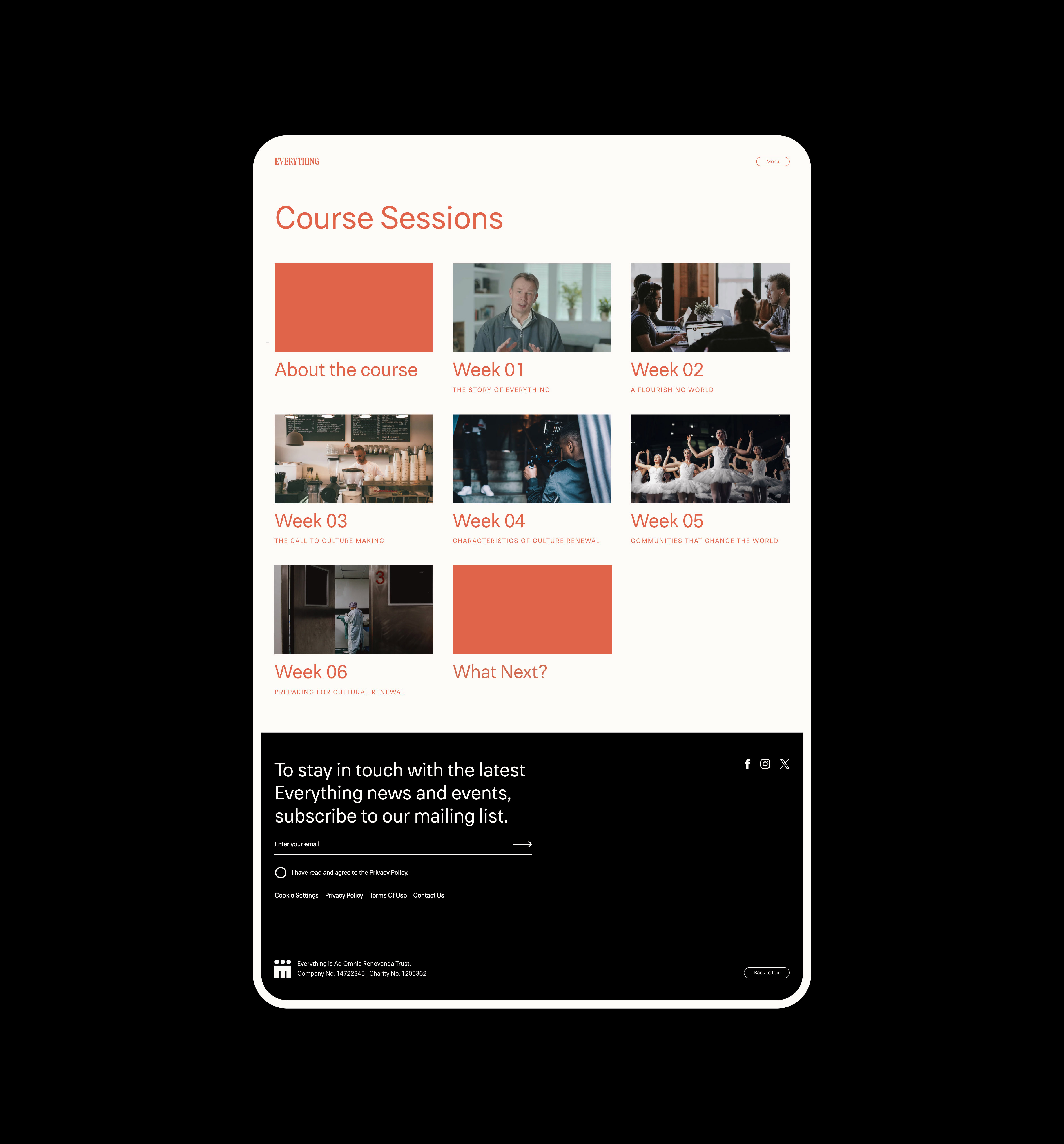 Course sessions page with thumbnails and titles for weeks 1 to 6 and an About the course section, plus a mailing list subscription form at the bottom.