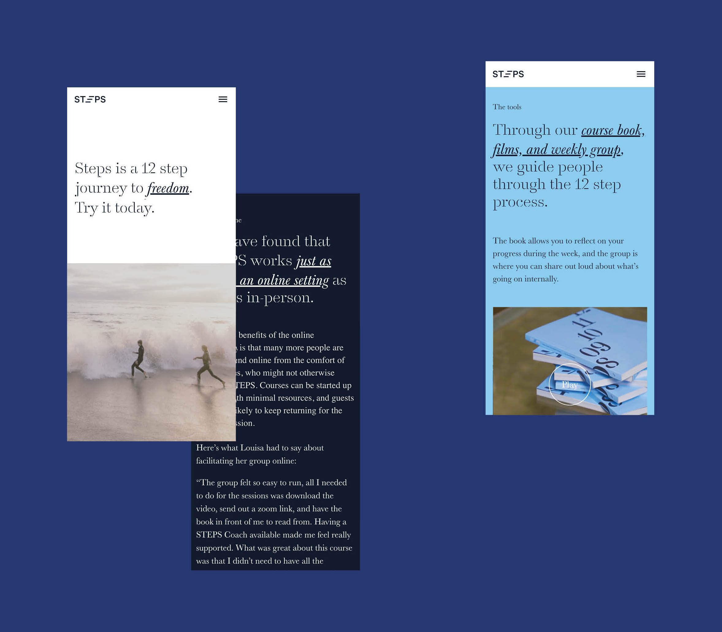Three overlapping phone screens with text about a 12-step journey and their tools, plus images of surfers and books.