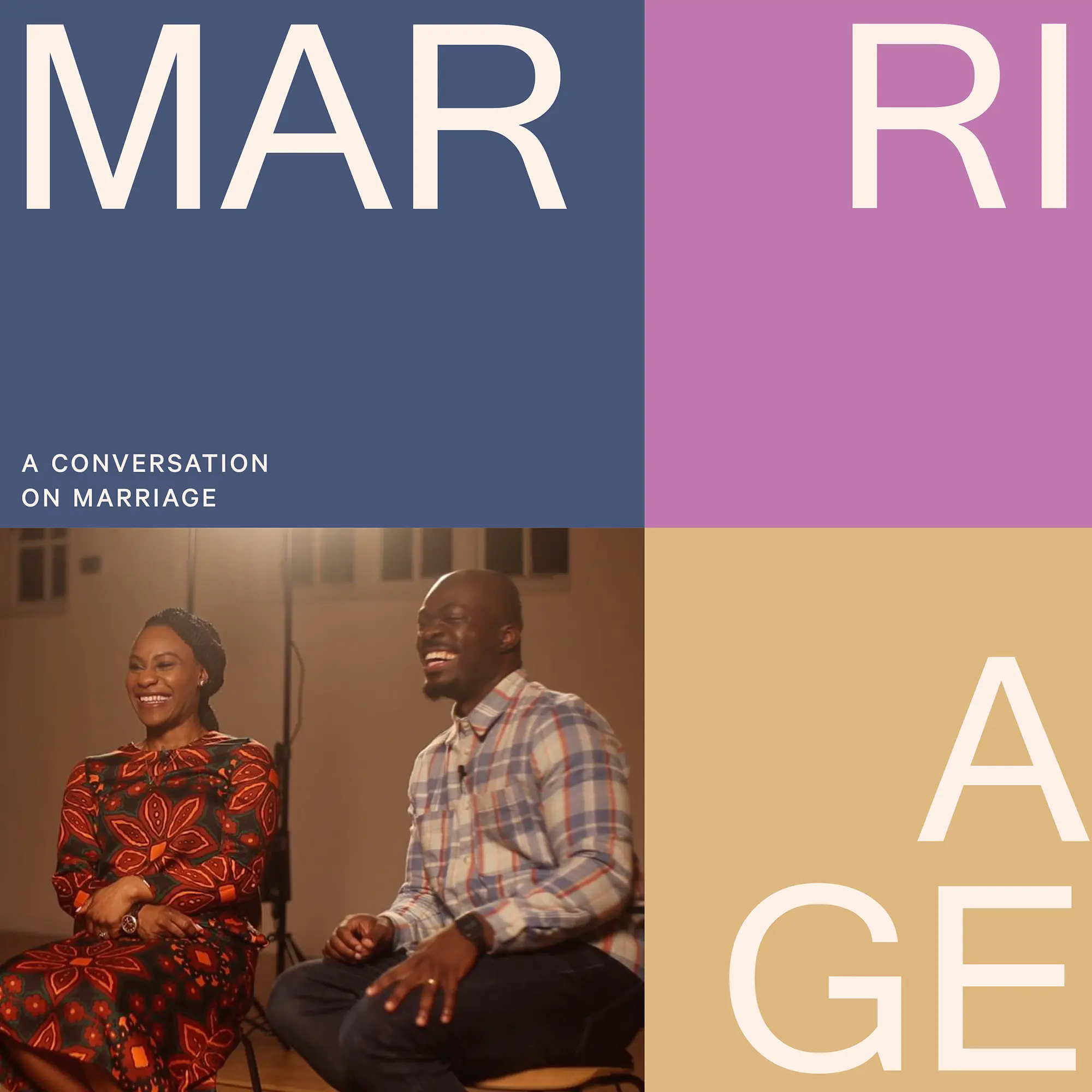 Two people laughing and sitting on stools in a warmly lit room, with large text blocks above reading 'A Conversation on Marriage'.