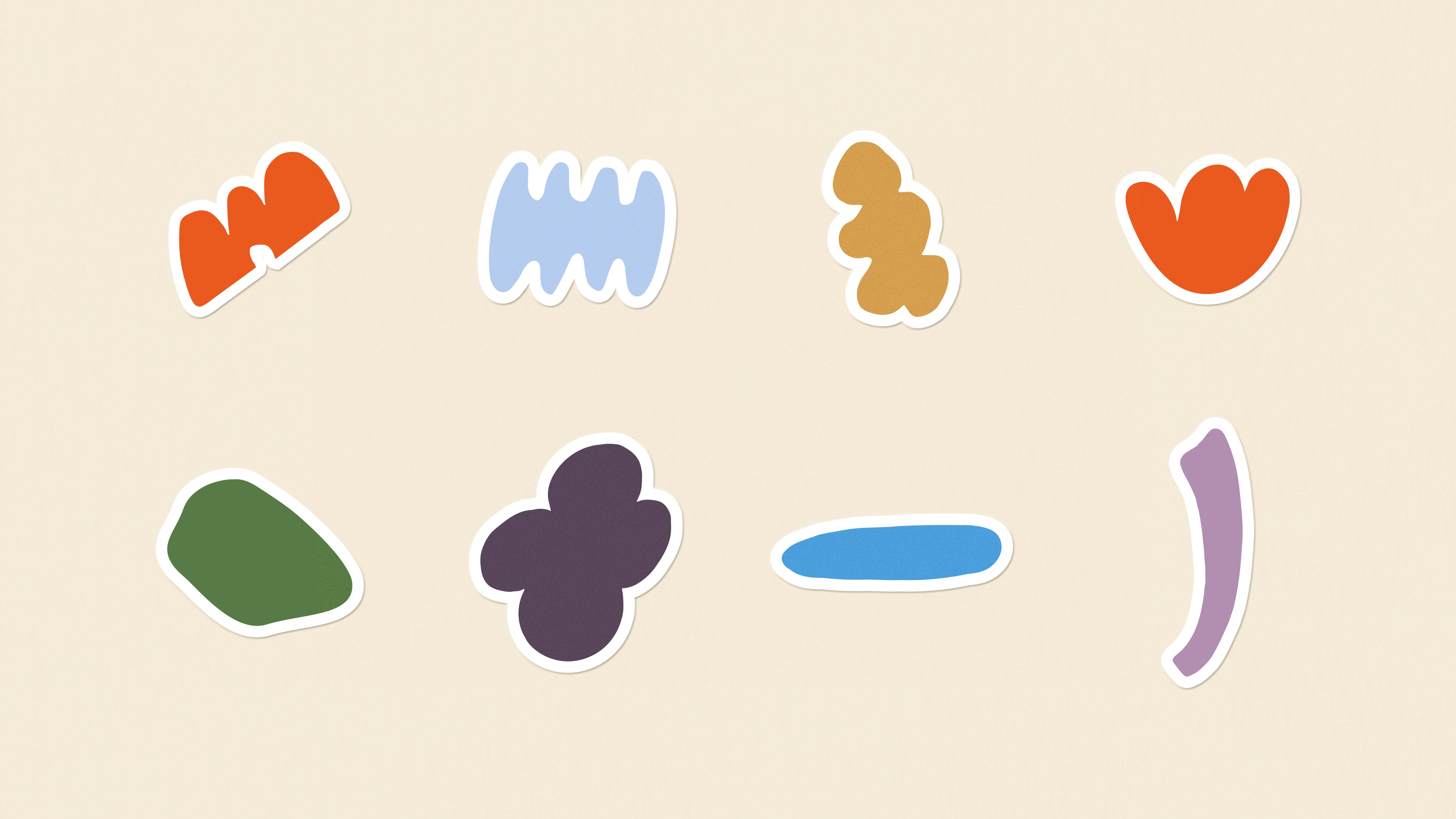 Eight colorful abstract shapes with white borders on a light beige background.