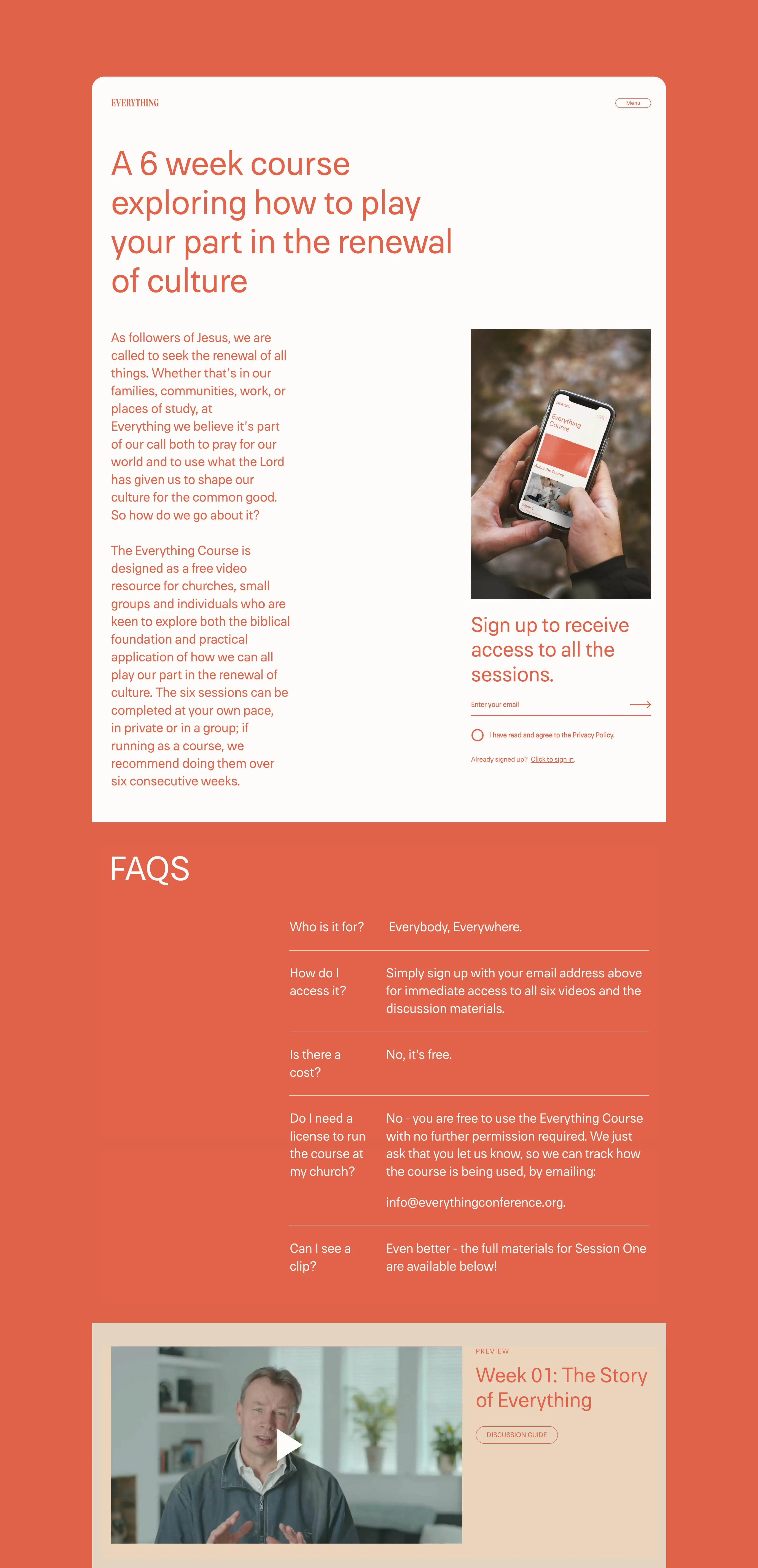 Webpage promoting a free 6-week Everything Course on renewal of culture with FAQ and video preview.