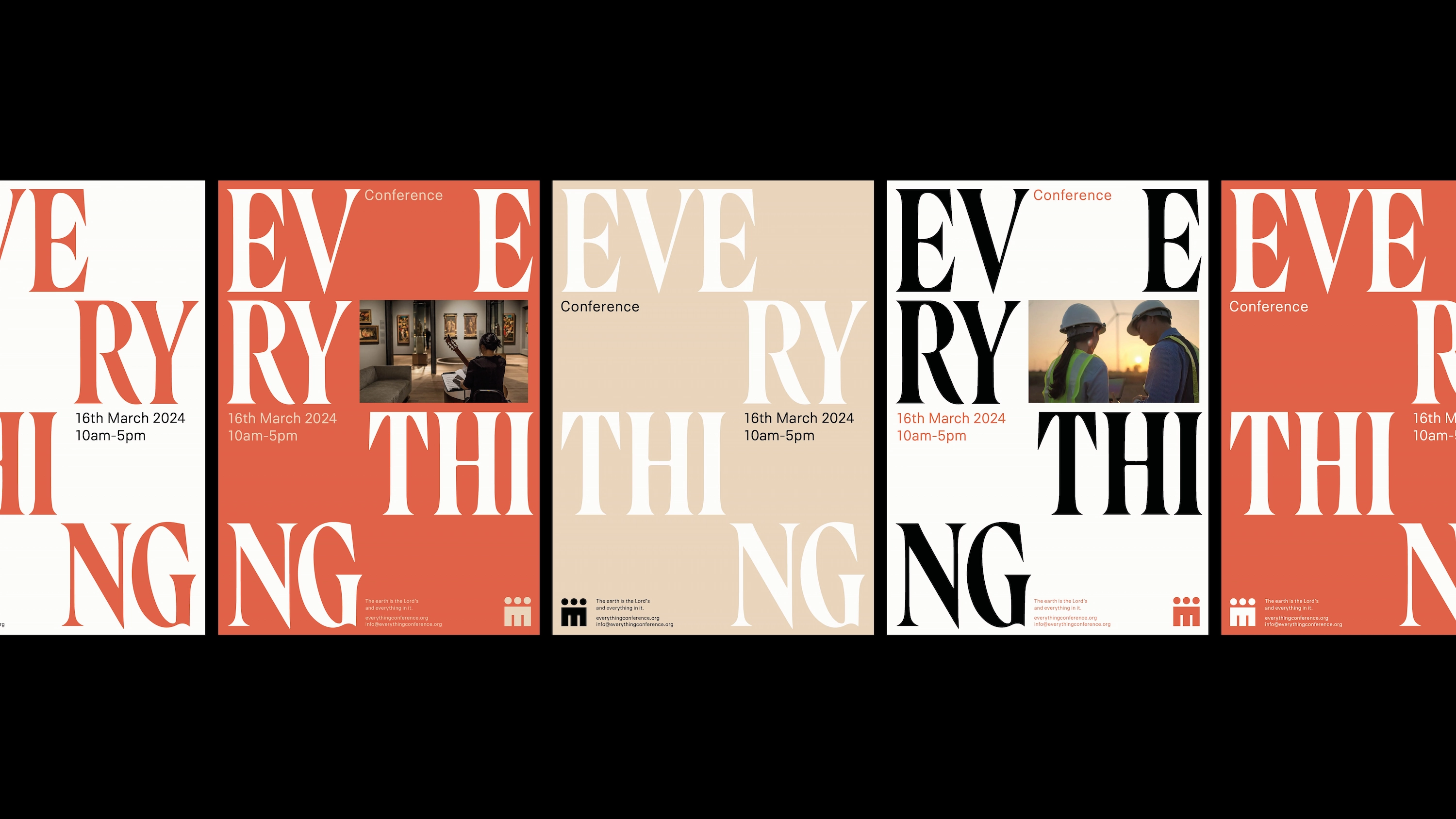 Series of conference posters with large text 'EVERYTHING' and dates March 16, 2024, 10am-5pm, with two images.