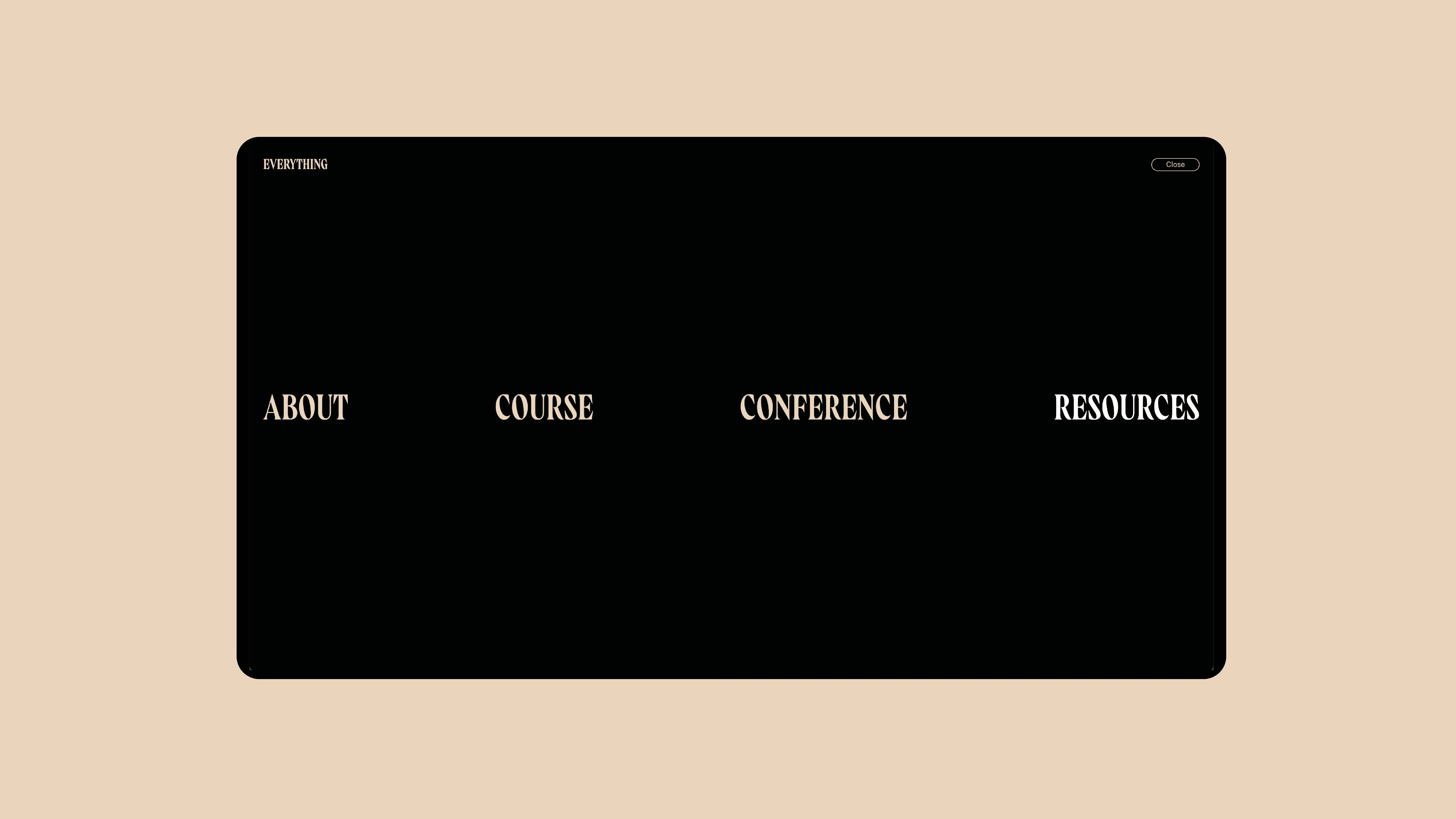 Website menu with options About, Course, Conference, and Resources on a black background.