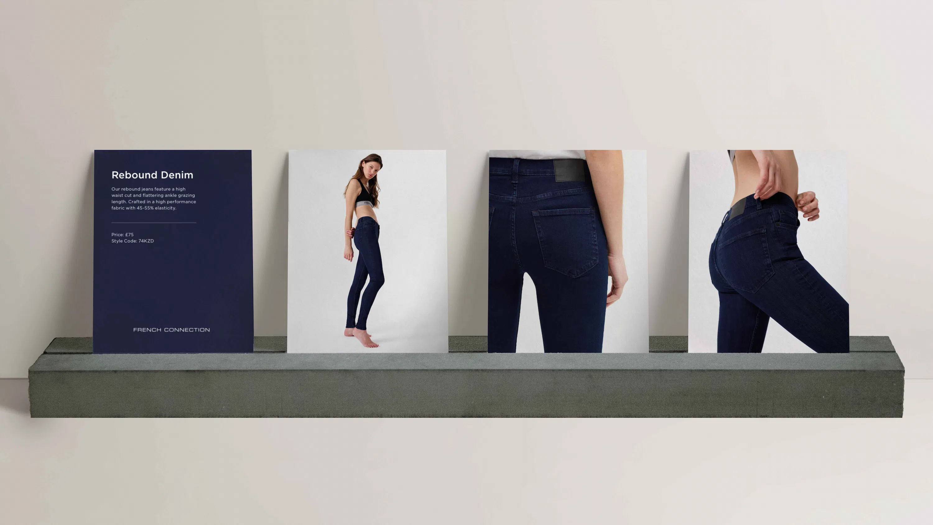 Display showing Rebound Denim jeans with text and photos of a woman modeling jeans from different angles.