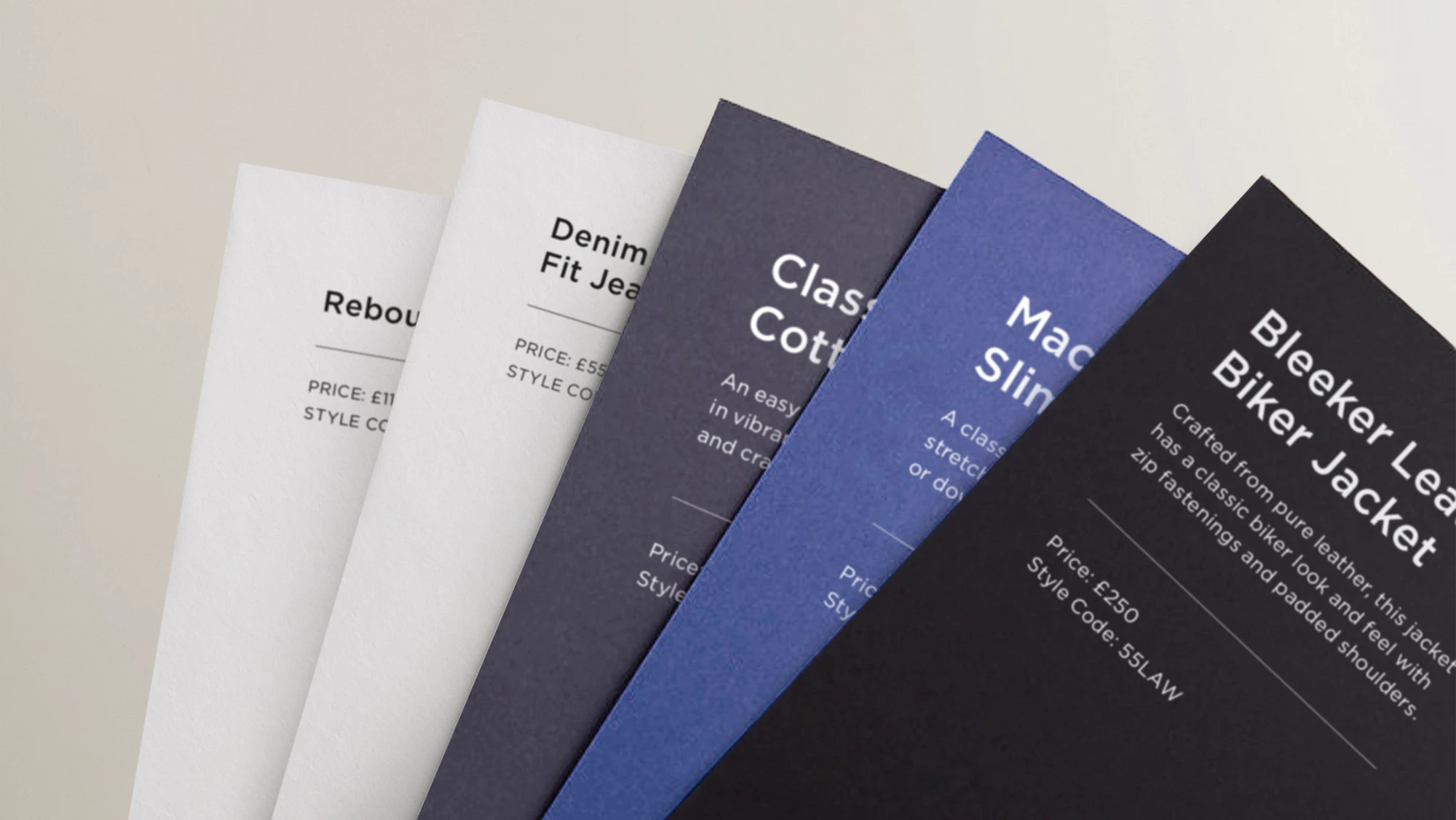 Five overlapping product cards showing names, descriptions, prices, and style codes for clothing items.