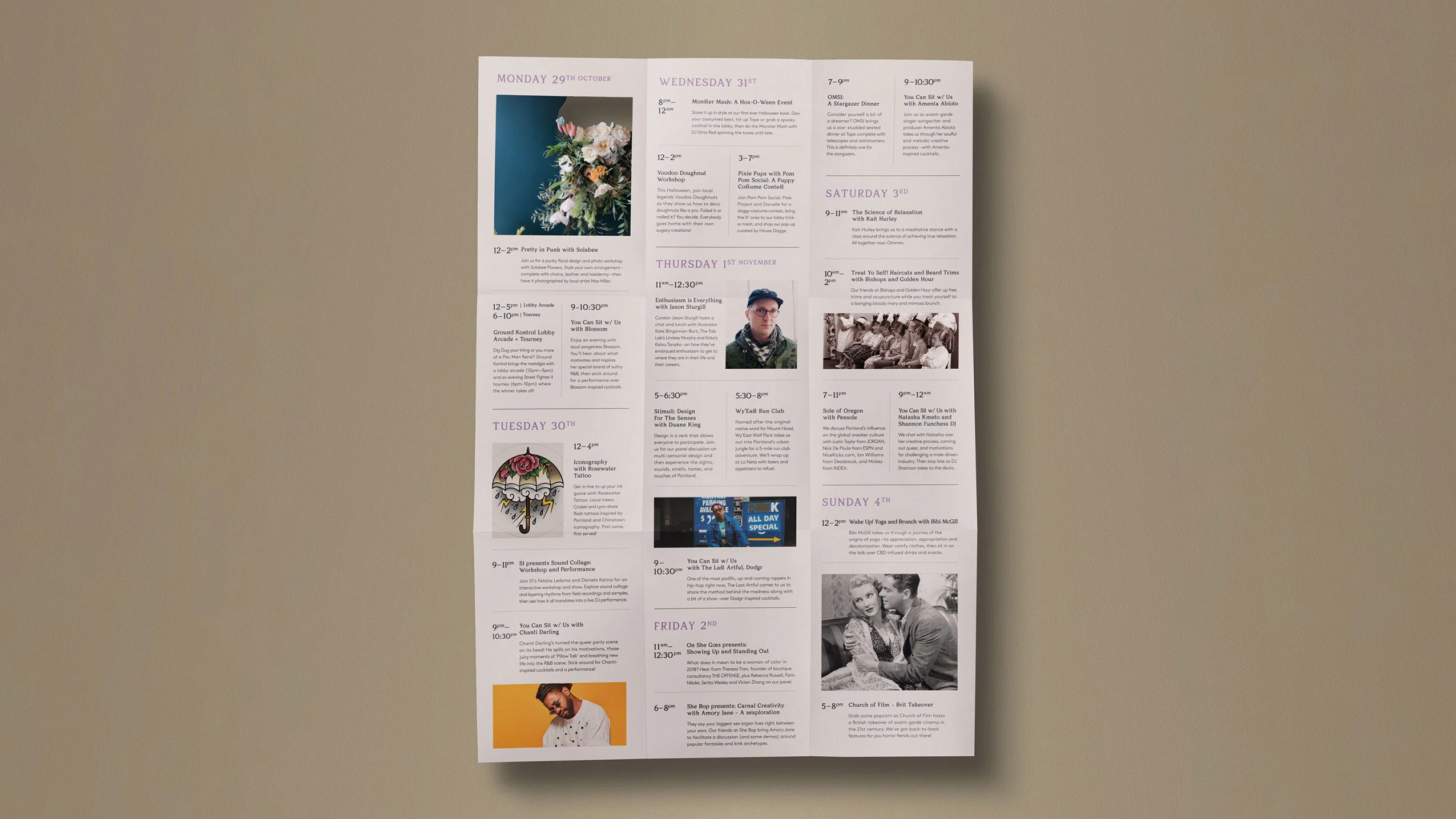 Event schedule flyer listing activities from Monday 29th October to Sunday 4th November with images and descriptions.