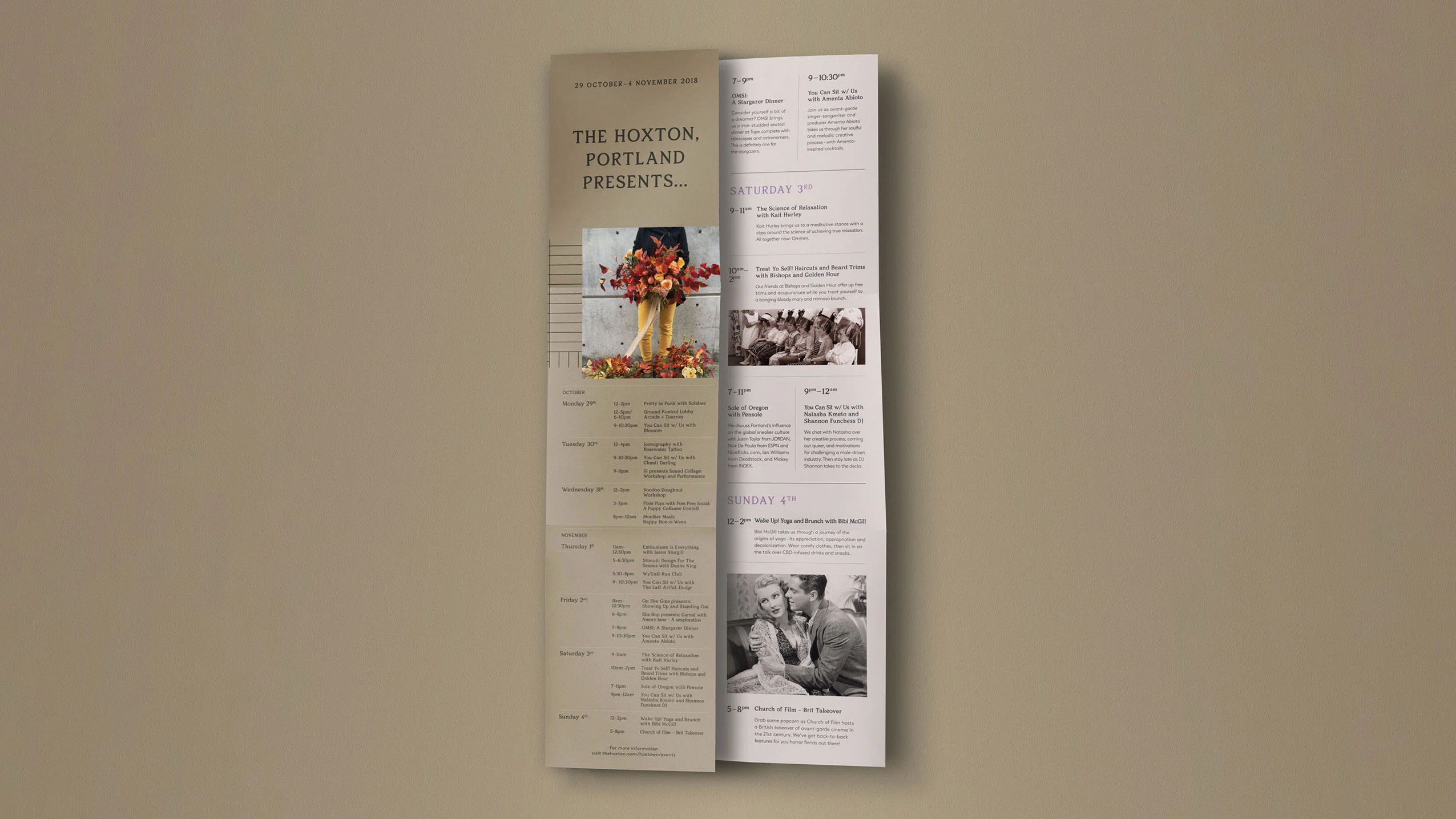 Folded event flyer titled The Hoxton Portland with schedule and photos of flowers and vintage scenes.