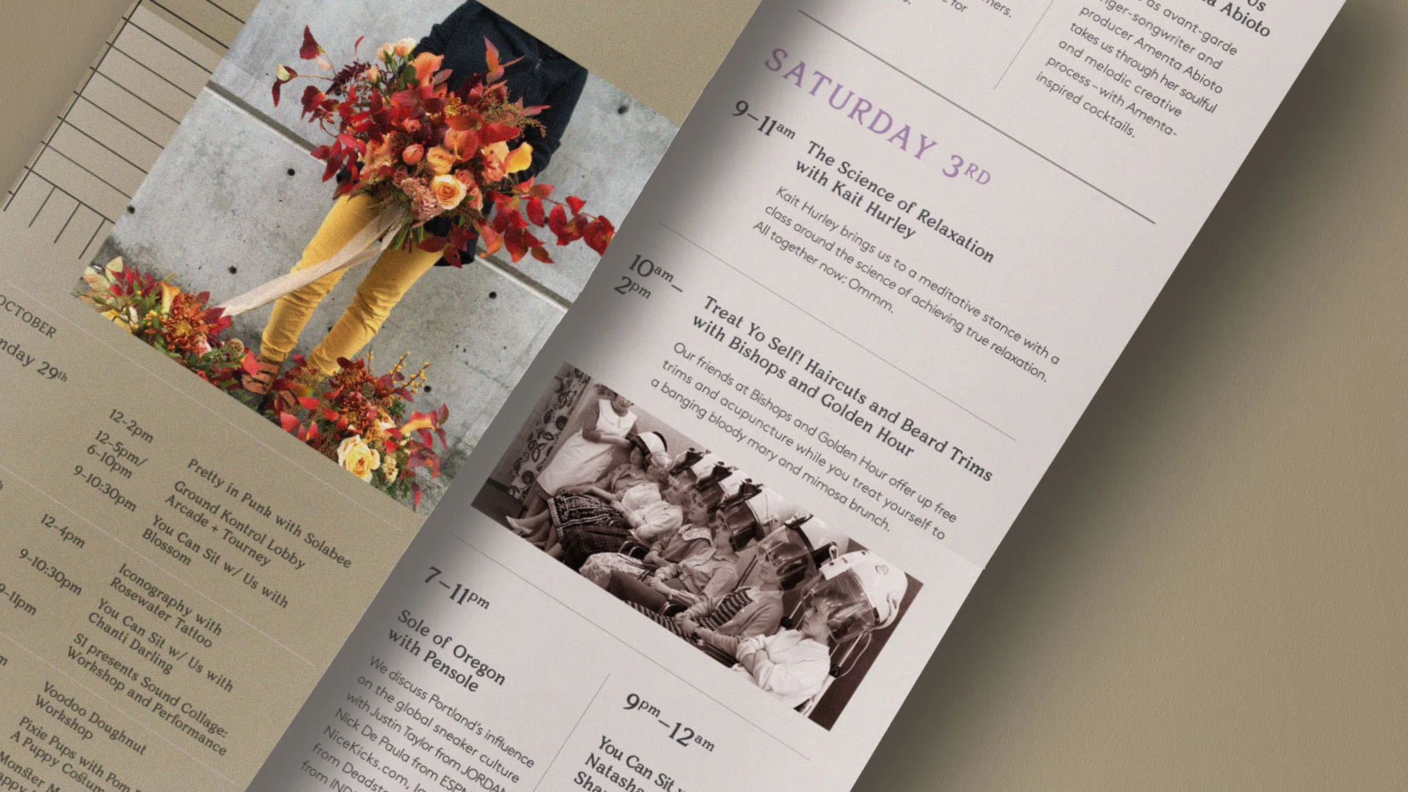 Event flyer showing a Saturday schedule with a vintage photo of people under hair dryers.