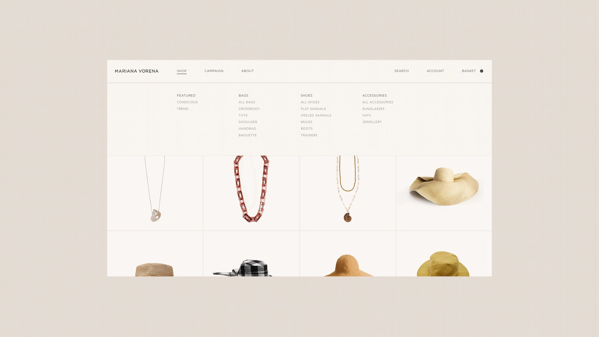 Online shop page for Mariana Vorena featuring categories like bags, shoes, and accessories, with images of necklaces and hats.
