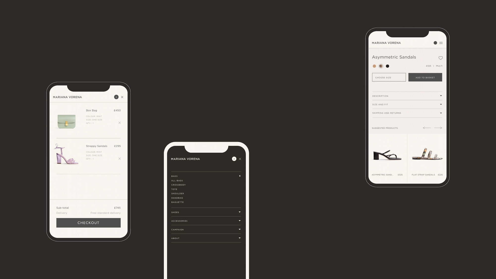 Three smartphone screens displaying Mariana Vorena's e-commerce app with shopping cart, product category menu, and asymmetric sandals product page.