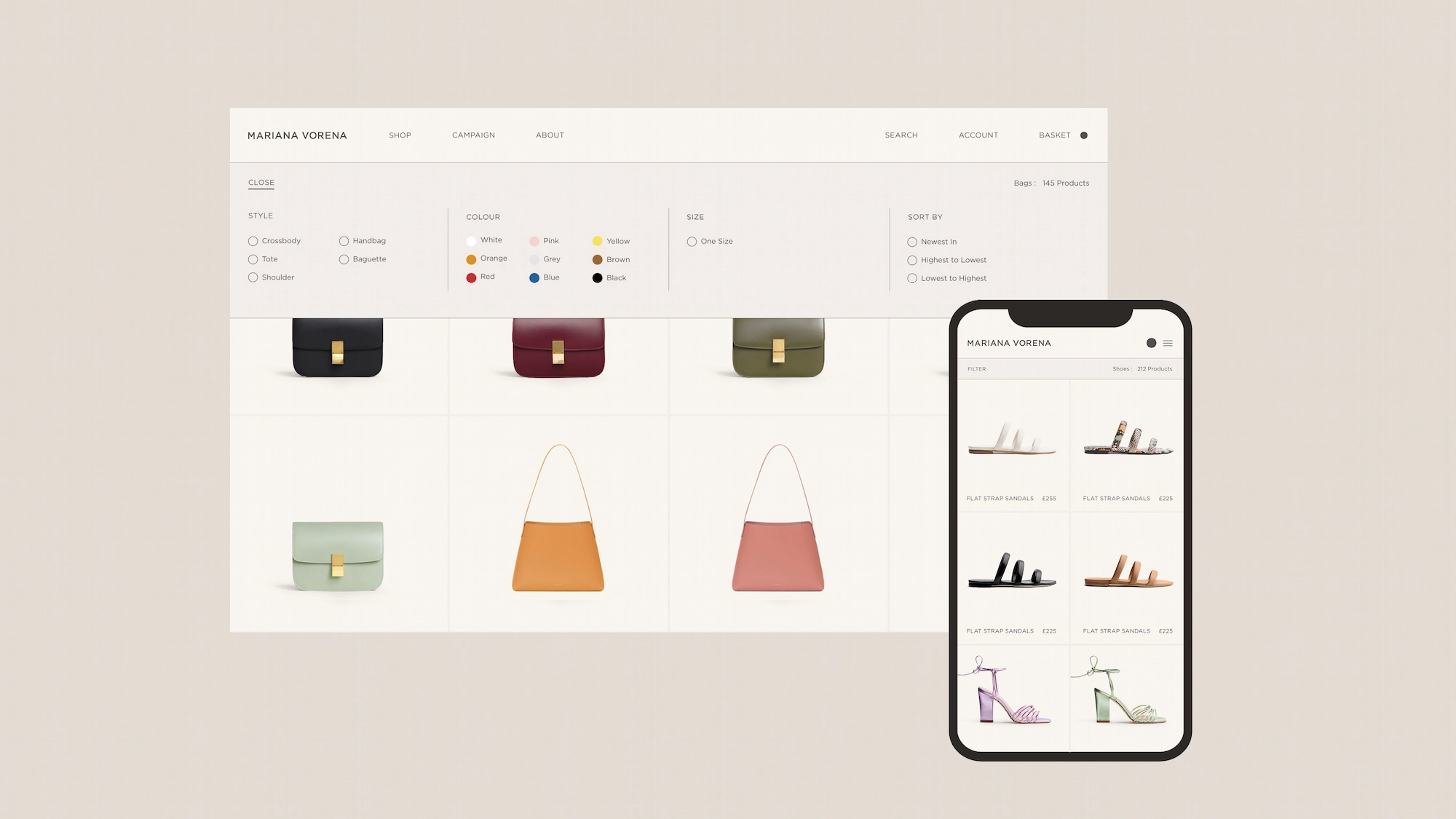 E-commerce site interface showing handbag filters and a mobile view of shoe listings with product images and prices.
