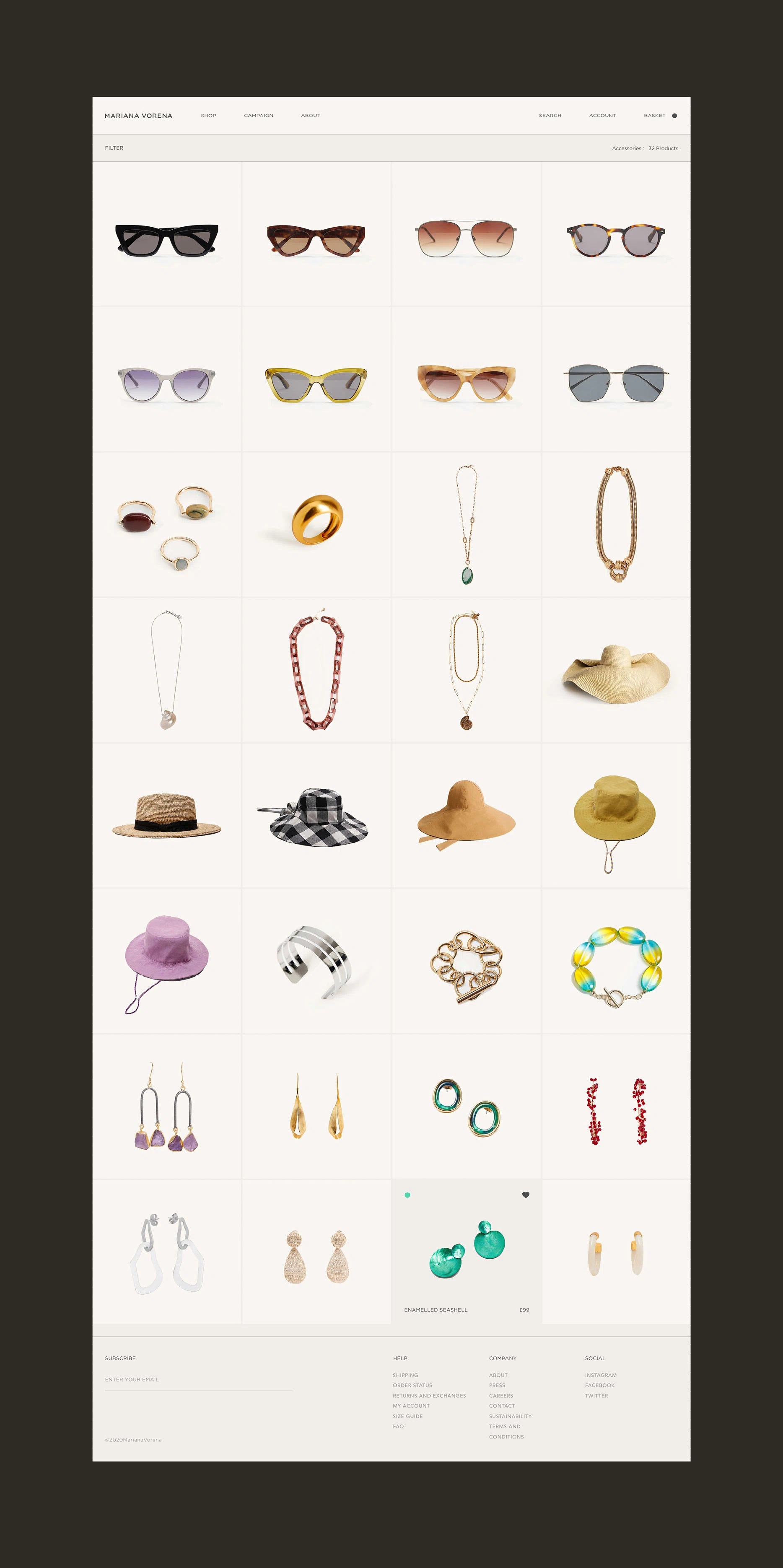 Online shop grid displaying sunglasses, rings, necklaces, hats, bracelets, and earrings on a beige background.