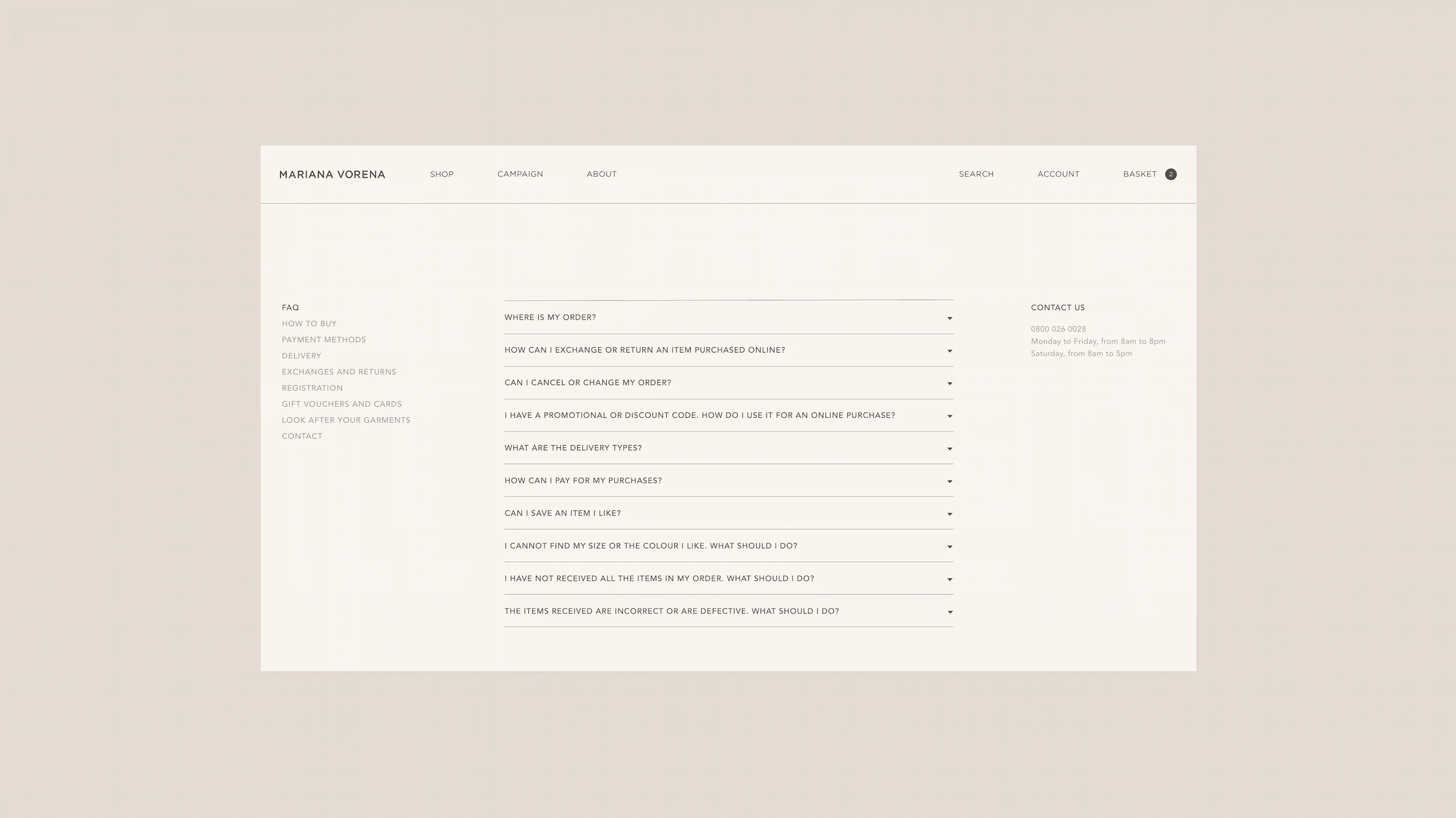 FAQ page with questions about orders, exchanges, delivery, payments, promotions, sizes, and returns for Mariana Vorena.