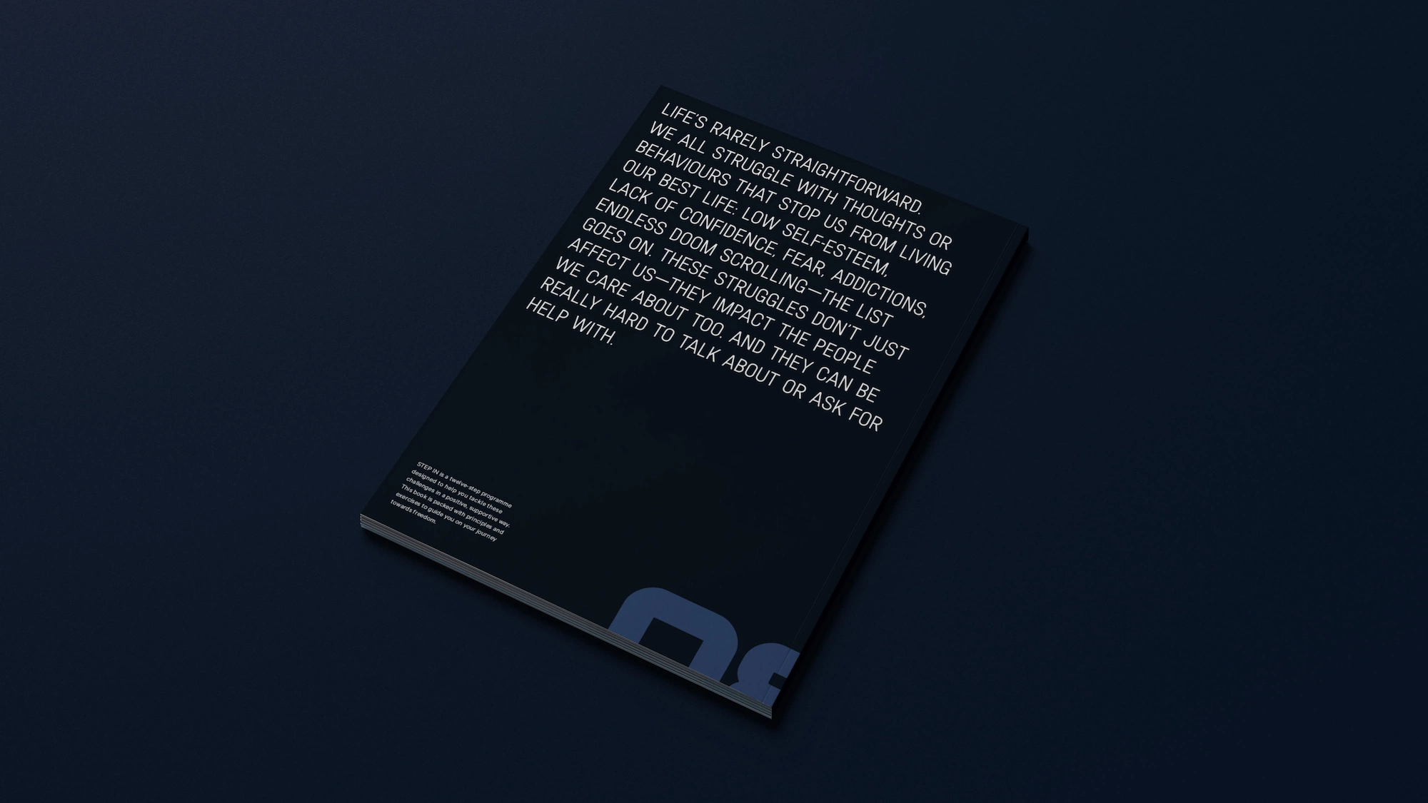 Dark book cover with white text about life struggles, low self-esteem, and a step-by-step help program.