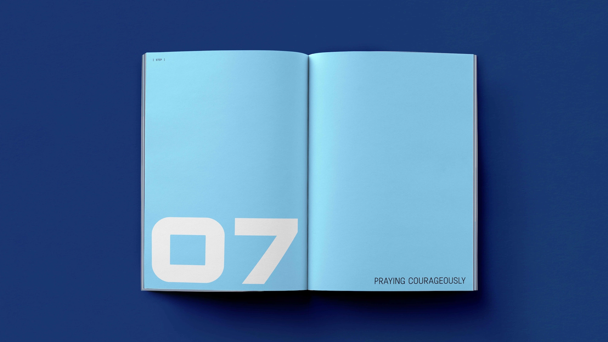 Open book with light blue pages featuring large white number 07 and text 'Praying Courageously' on a dark blue background.