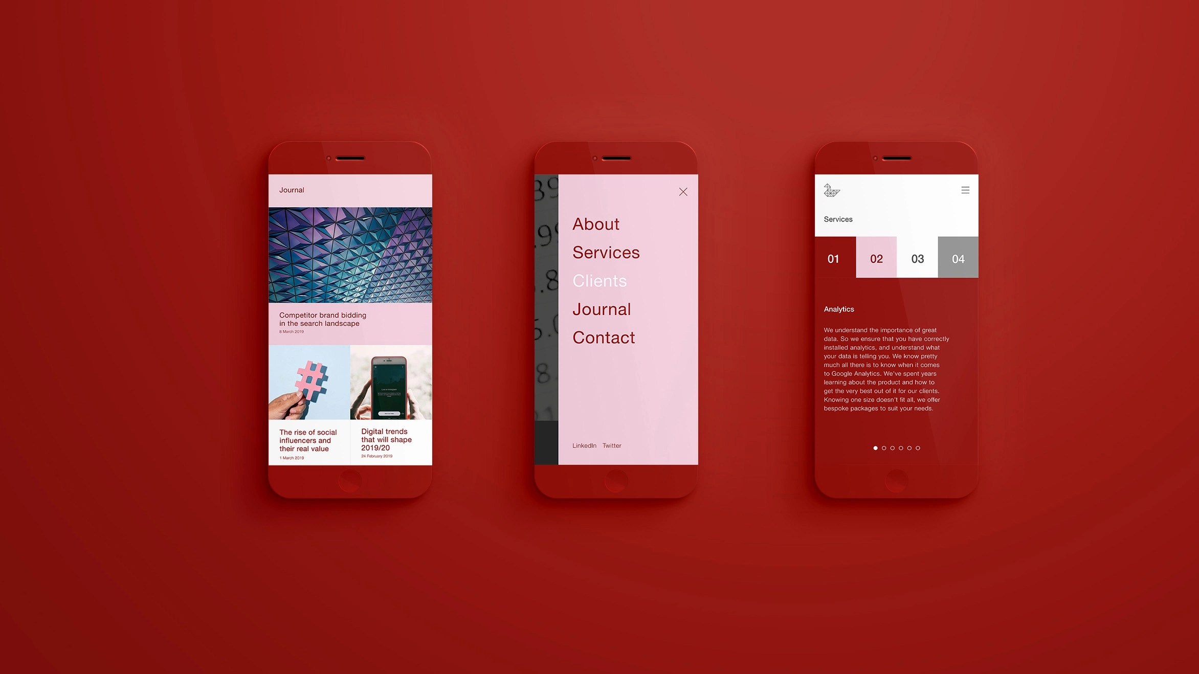 Three red smartphone screens displaying a journal page, a pink navigation menu, and a services analytics page on a red background.
