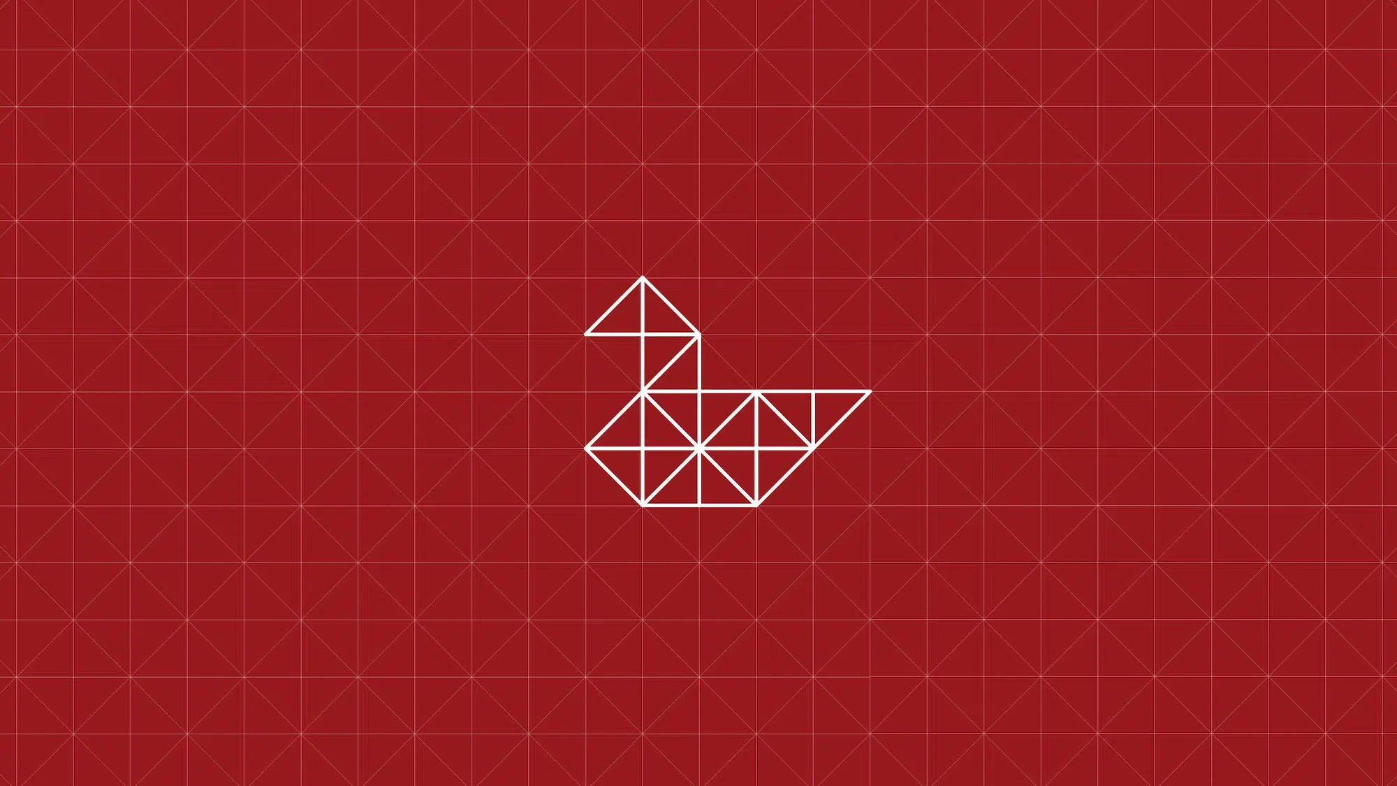 White geometric swan pattern made of triangles on a red grid background.