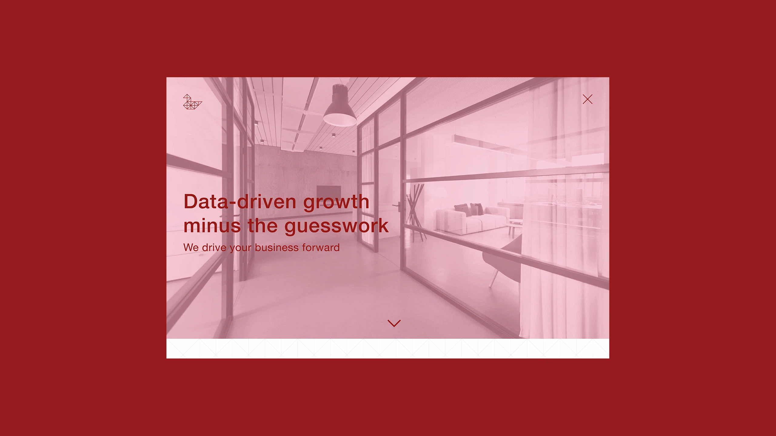 Modern office hallway with glass walls, a white sofa visible in an adjacent room, and text overlay reading 'Data-driven growth minus the guesswork, We drive your business forward.'