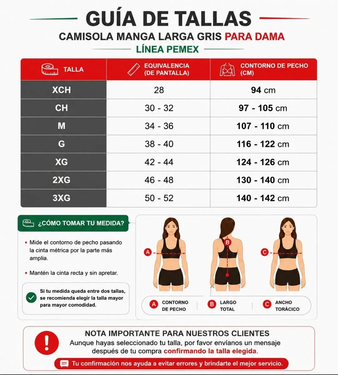 Guía de tallas de la camisola PEMEX dama: contorno de pecho de 94 cm (XCH) a 142 cm (3XG)