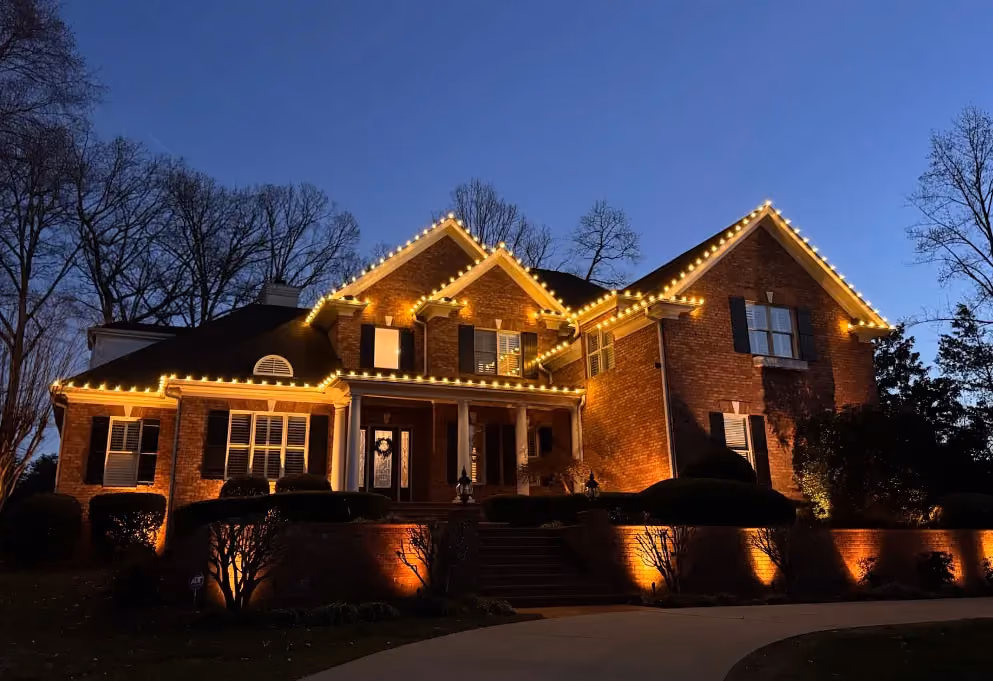 Holiday light installation professionally completed by Pressure Wash Carolina for a Charlotte home.