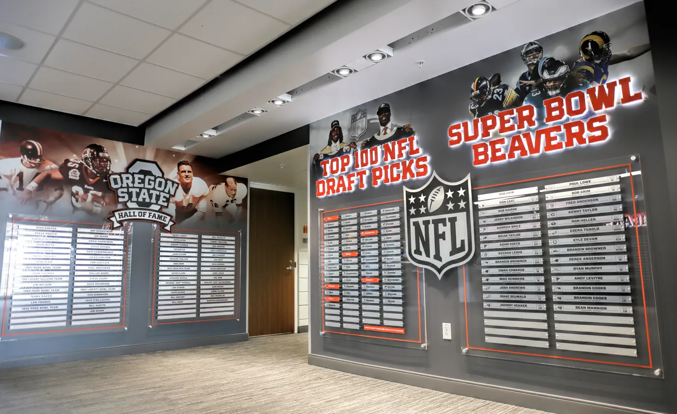 Oregon State Football Hall of Fame display walls created by Infinity Images