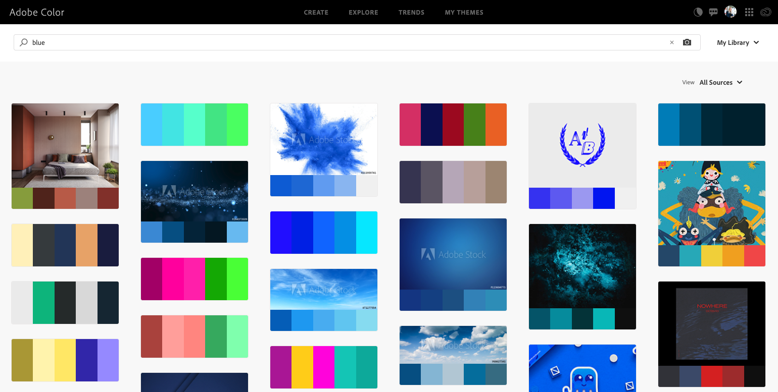 Adobe Colors, search for 'blue'