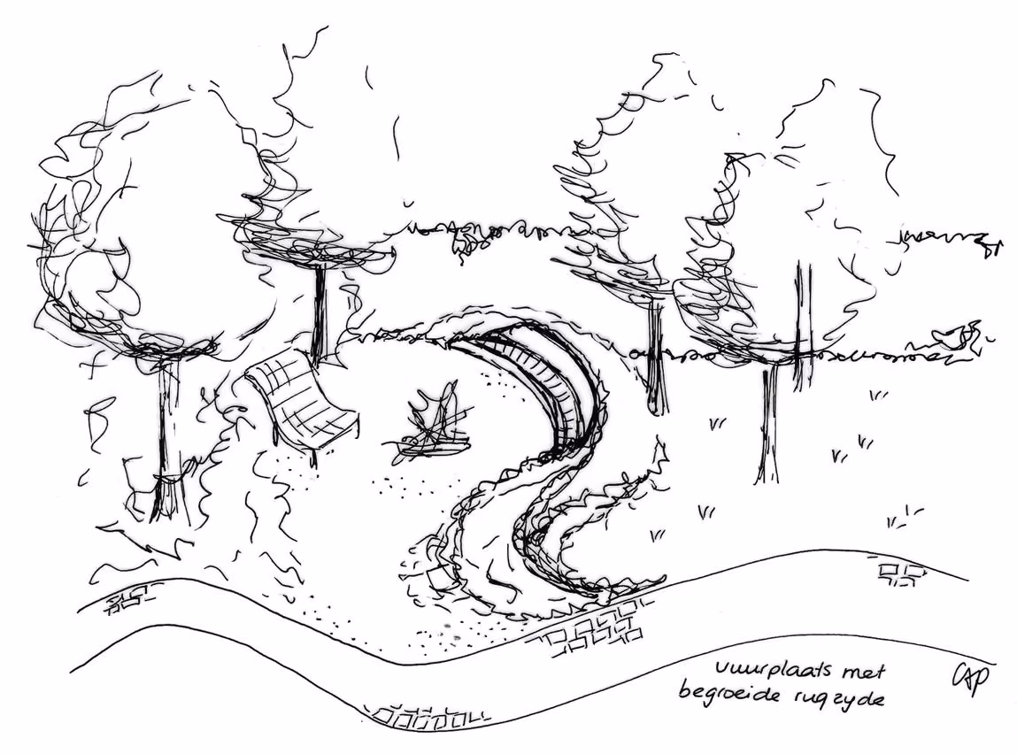 Black and white sketch of a park scene with trees, a winding river or path, a bench near a small fire, and grassy areas.
