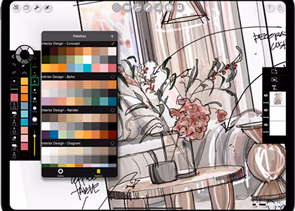 Digital interior design sketch showing a living room with a pink flowering plant on a round table, color palettes, and design tool menus on screen.
