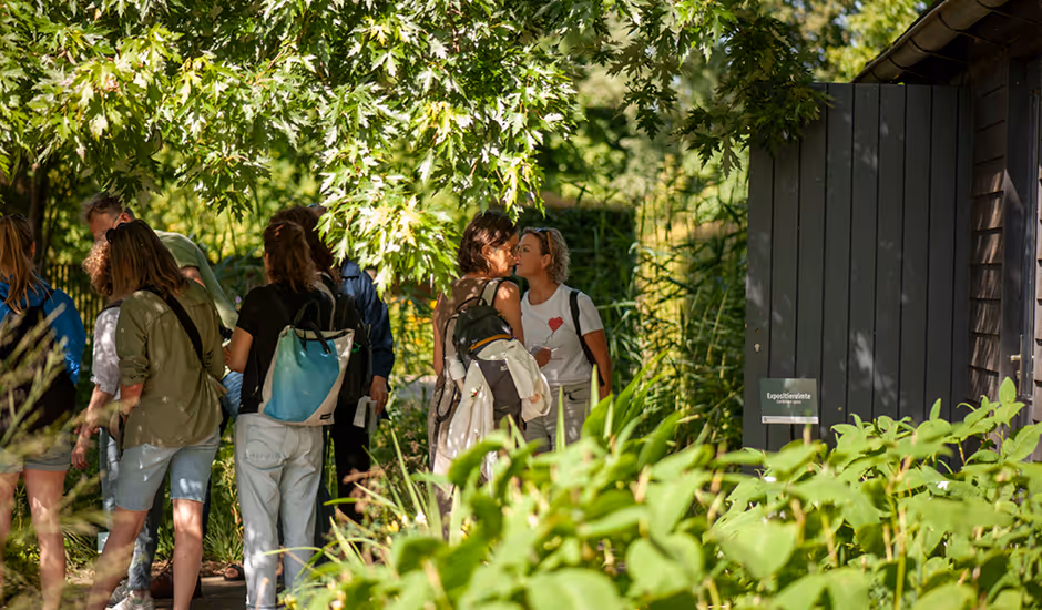 Group of people standing and talking on a shaded garden path next to a dark wooden building with a sign.