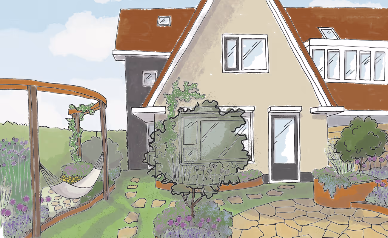 Illustration of a house with a sloped roof, surrounded by a garden with a hammock, stone path, and various plants.