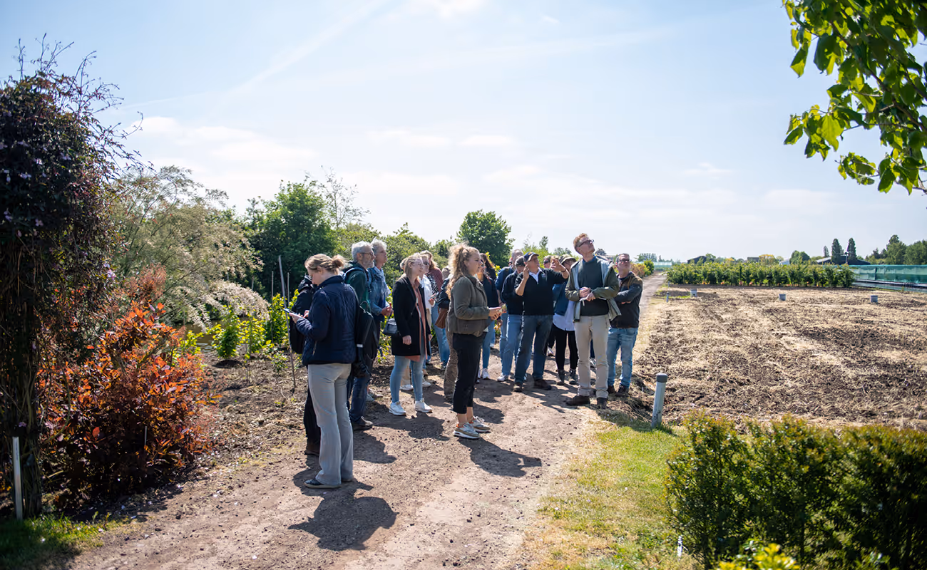 Group of people standing on a dirt path in a sunny garden or farm area, surrounded by greenery and cultivated fields.