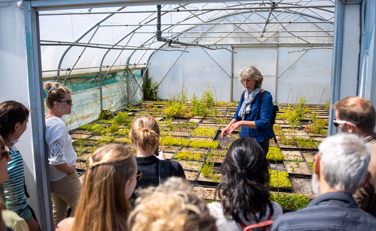Group of people listening to a woman explaining plants inside a greenhouse with organized plant trays.