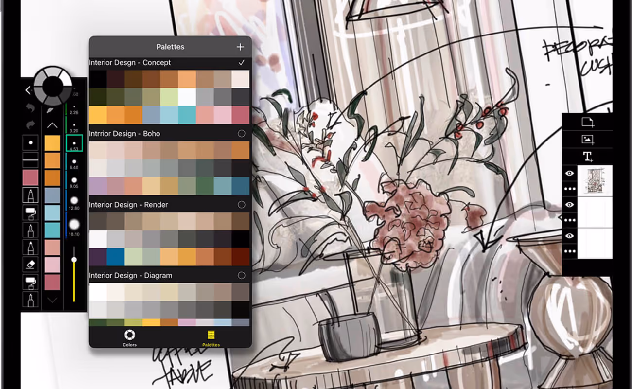 Digital color palette panel over a sketch of an interior design scene featuring vases with flowers on a table.