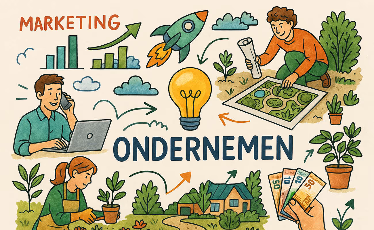 Illustration depicting entrepreneurship with people working on marketing, planning, gardening, and holding money, centered around a light bulb symbolizing ideas.