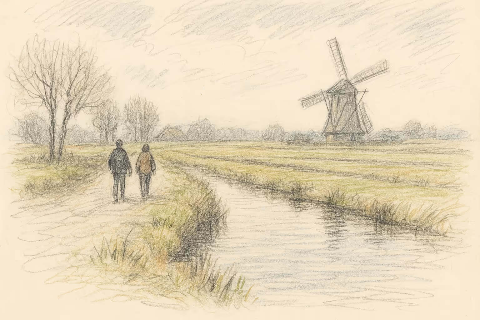 Pencil sketch of two people walking on a path beside a water canal with a windmill in the background and leafless trees.