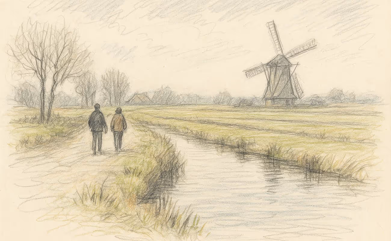 Colored pencil sketch of two people walking on a path beside a canal with a windmill and bare trees in the background.