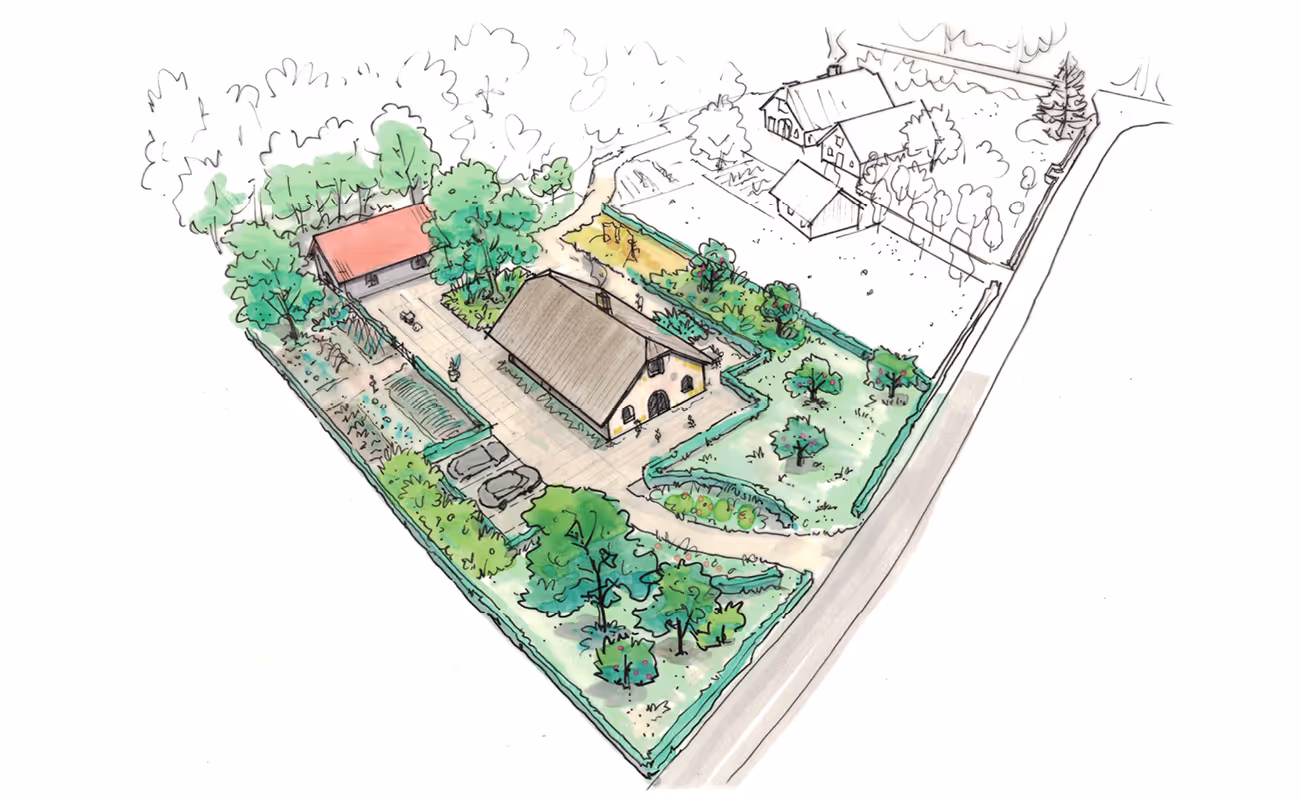 Hand-drawn aerial sketch of a rural homestead featuring a house with a thatched roof, surrounding trees, garden plots, a driveway with parked cars, and an adjacent fenced orchard.
