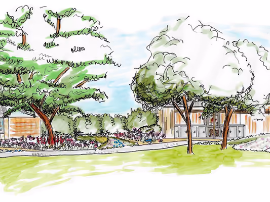 Sketch of a garden with green trees, colorful flowerbeds, and a wooden structure in the background.