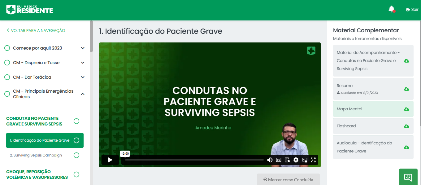 Todas as aulas do curso preparatório bases possuem seu próprio resumo, mapa mental, flashcards e os áudios a parte. Foto: Divulgação/EuMédicoResidente