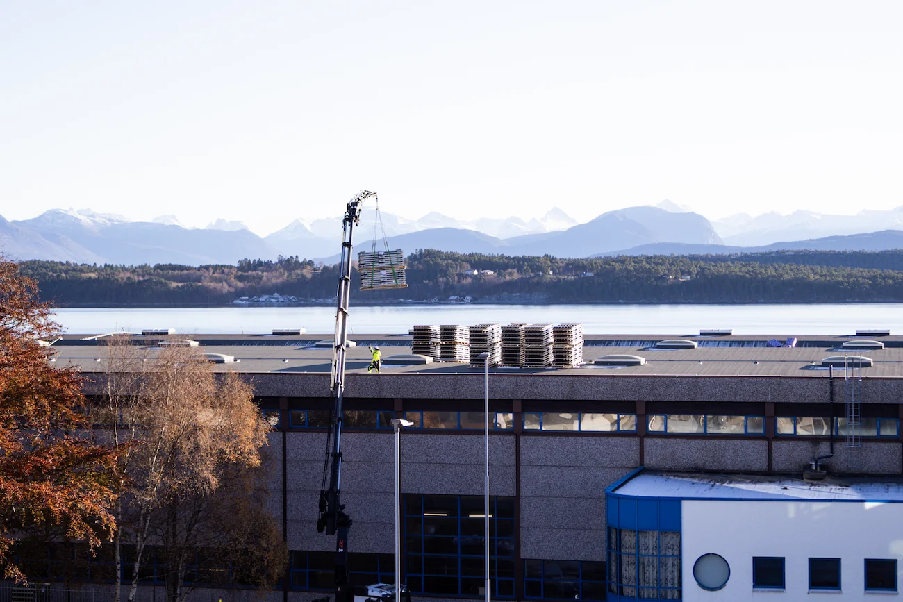 Solar panels being installed on the factory roof at Brunvoll in Molde.