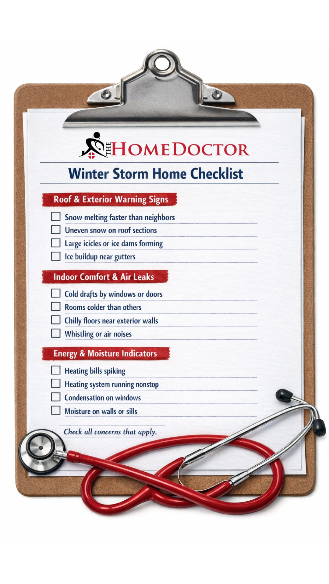 Winter storm home checklist showing roof snow melt, ice dams, drafts, energy spikes, and condensation warning signs