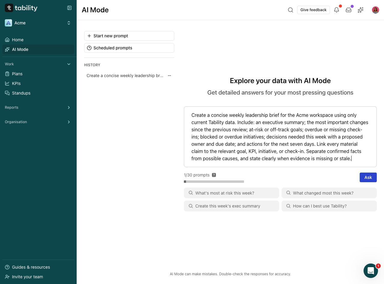 AI Mode with the complete chief of staff weekly leadership brief prompt ready to run.