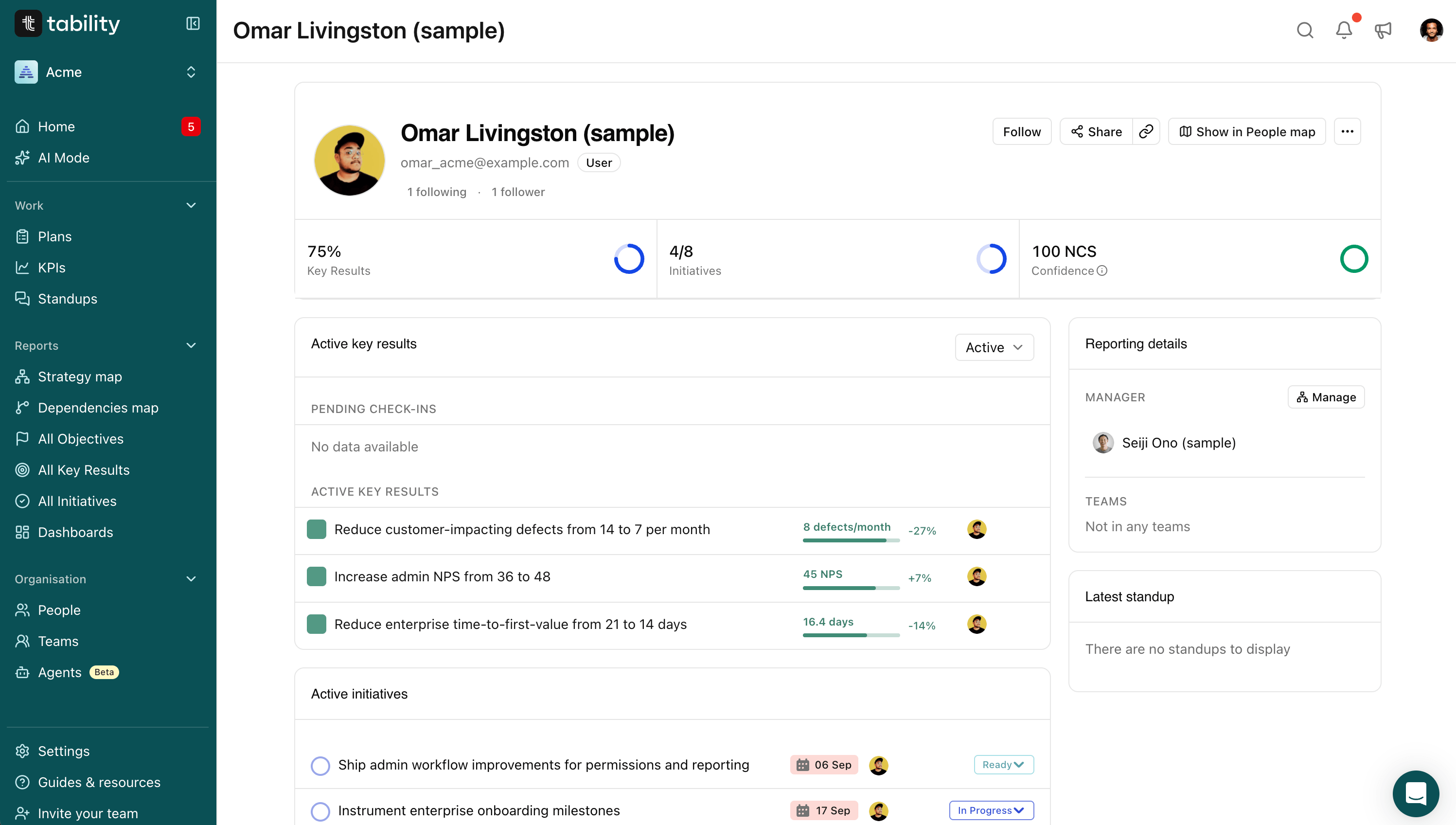 User dashboard with OKR details in Tability