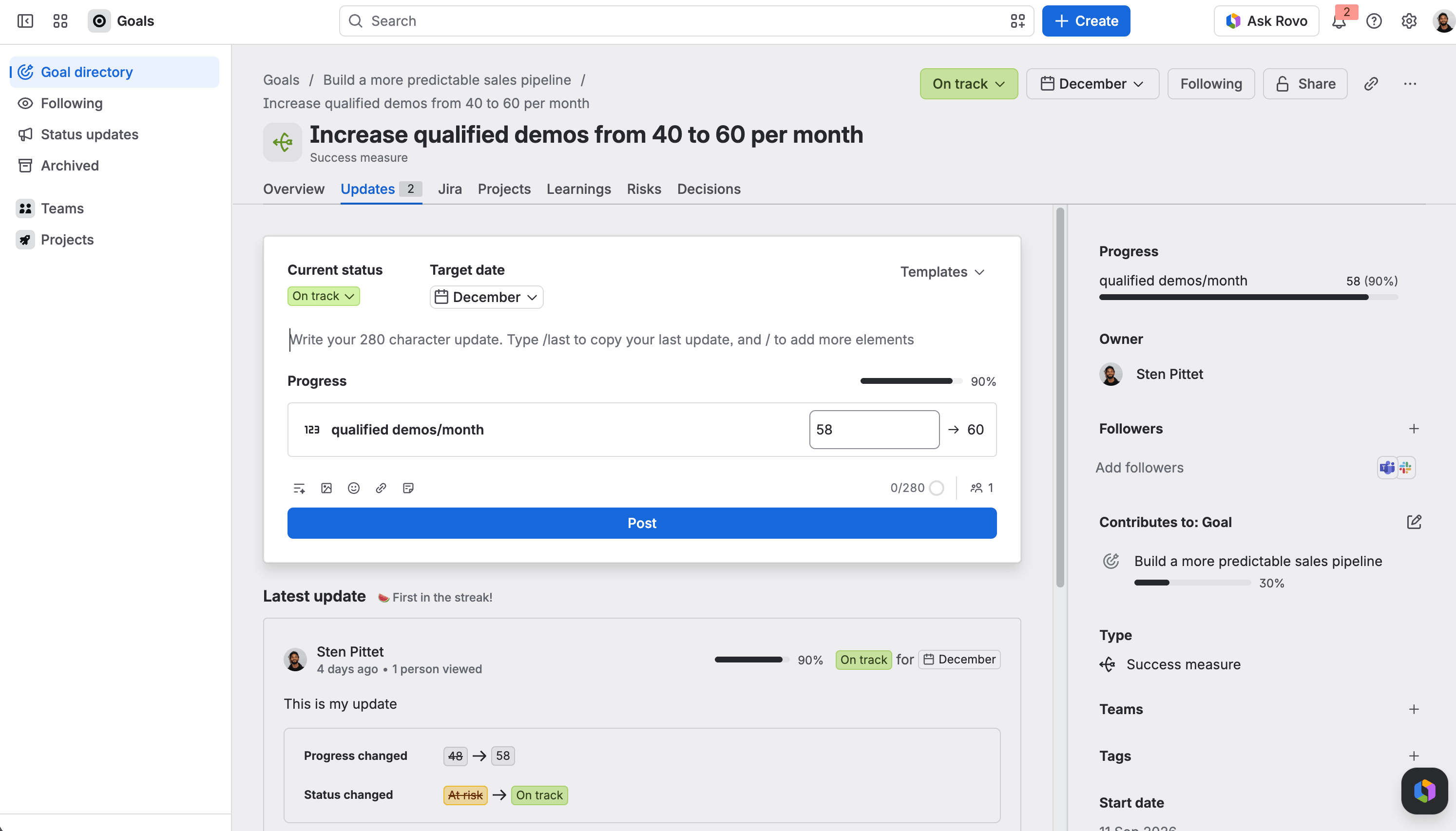 Atlassian Goals dashboard
