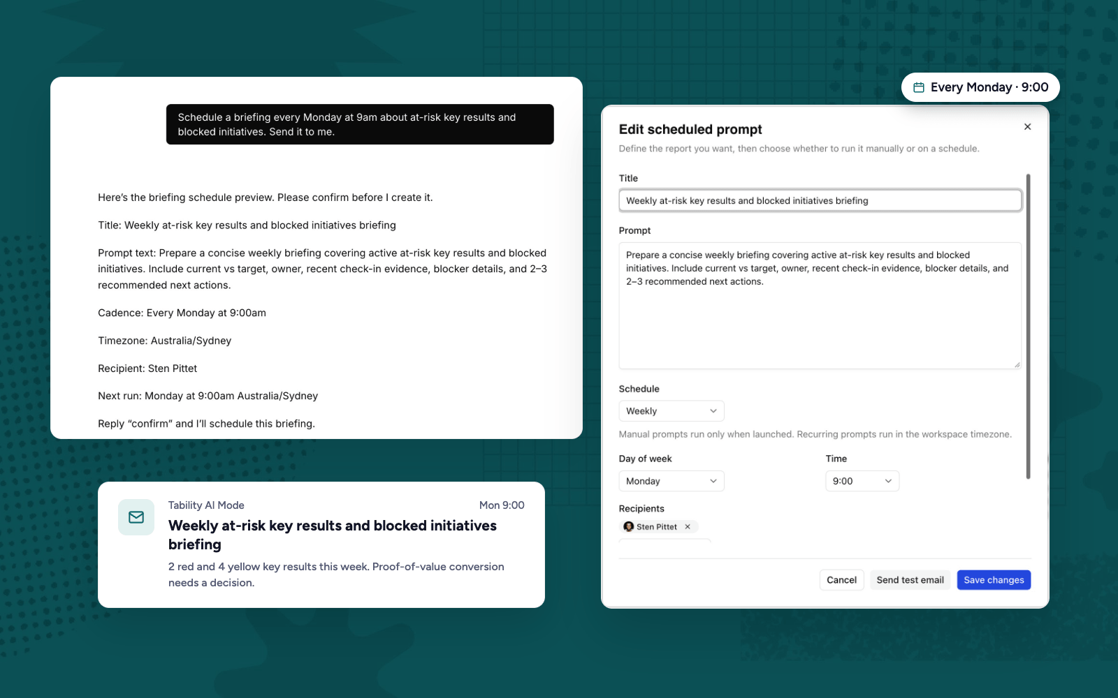 Schedule exec email briefs from Tability AI Mode