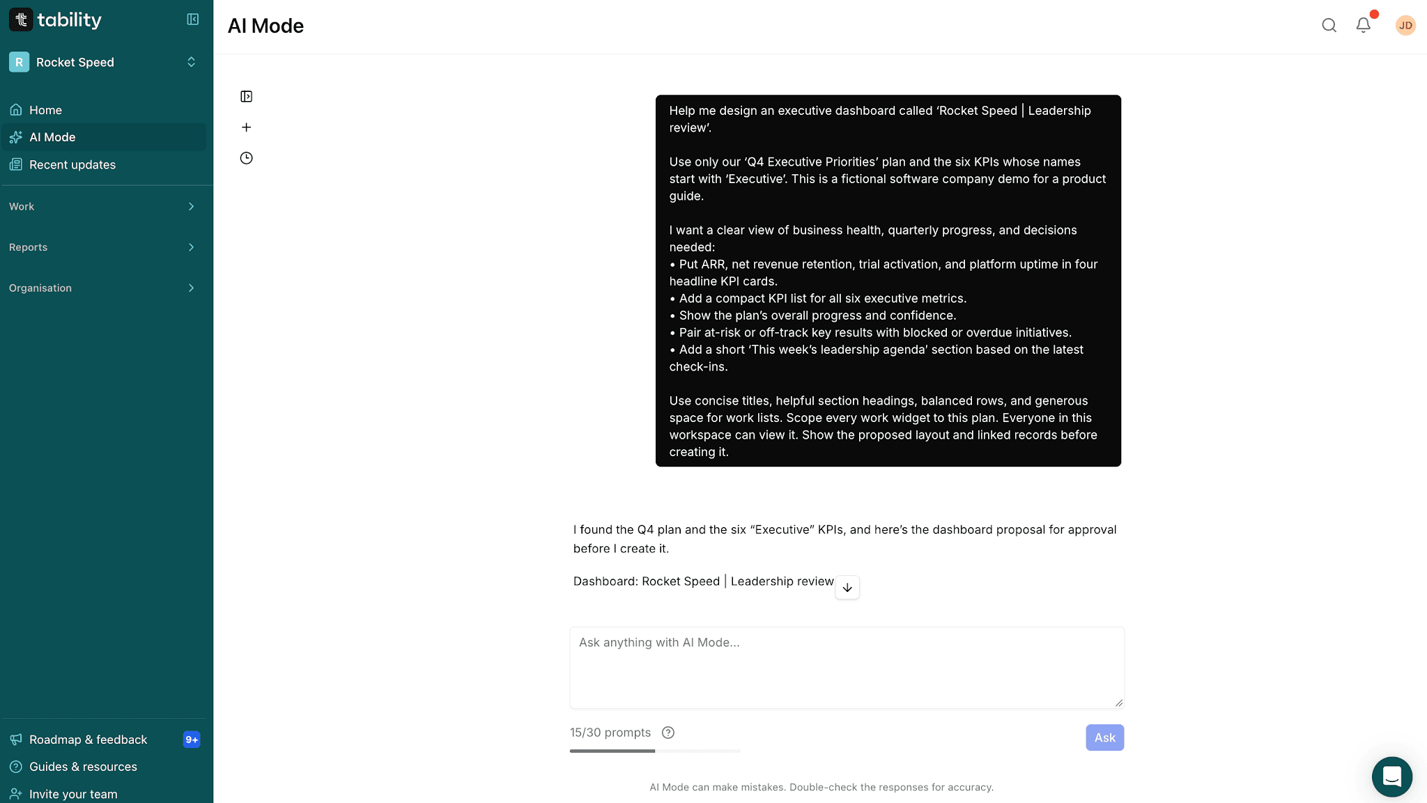Describe your executive dashboard in AI Mode