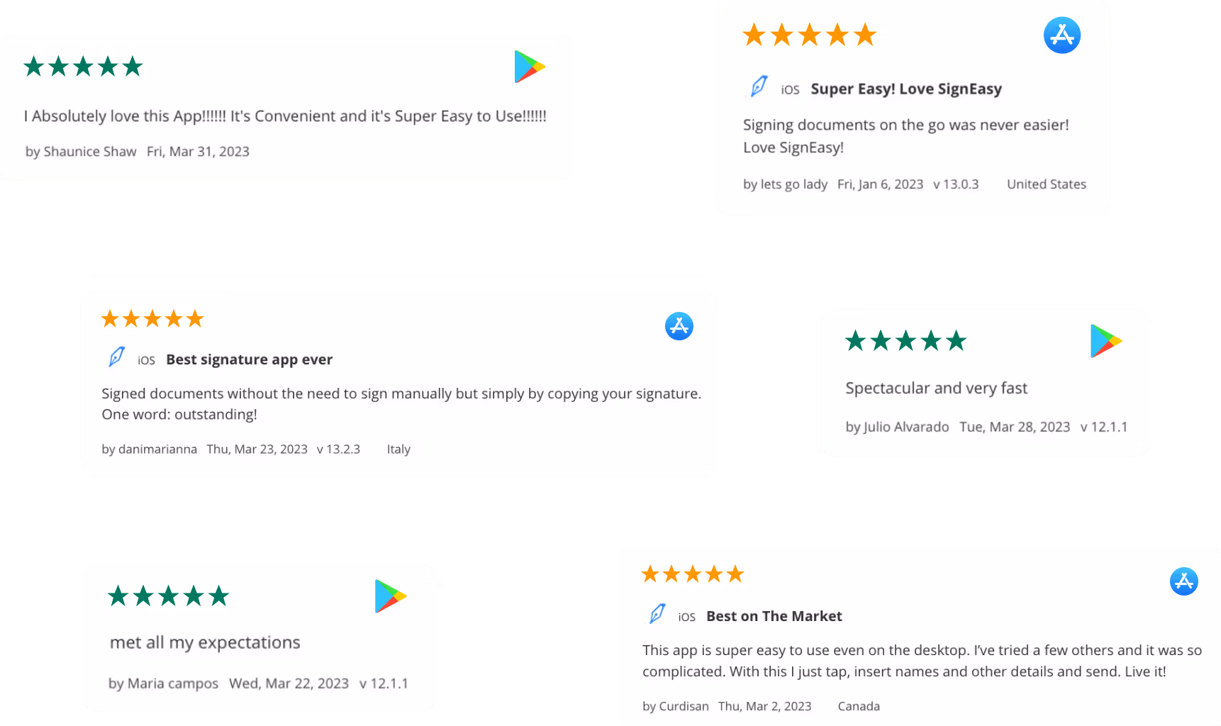 5 star Signeasy Reviews on mobile app stores