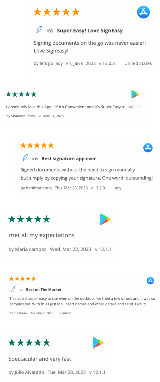 5 star Signeasy Reviews on mobile app stores