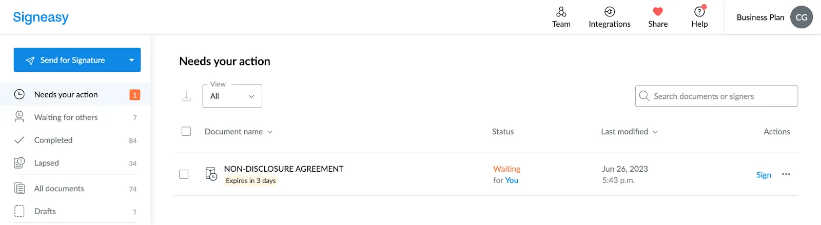 Signeasy web app interface
